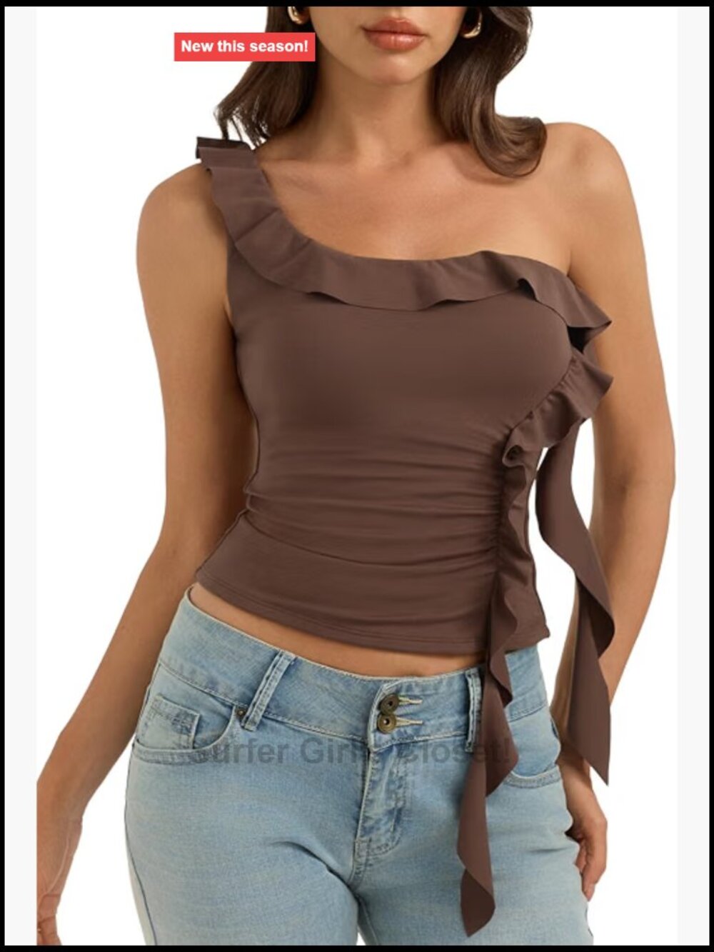 Women's One Shoulder Ruffle Sleeveless Tank Top Fitted Stretch Polyester Spandex